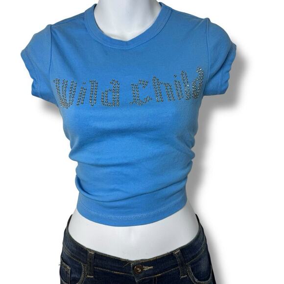Forever 21 Y2K Rhinestone Baby Tee Women’s Small Blue Wild Child Graphic Mcbling - Picture 1 of 7